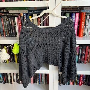 Boutique grey oversized boxy cropped open knit pullover off shoulder sweater top